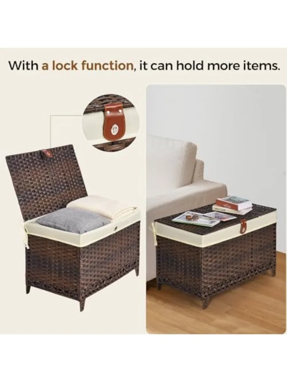 Large Wicker Storage Basket with Lid, 160L Organizer with Removable Liner Bag